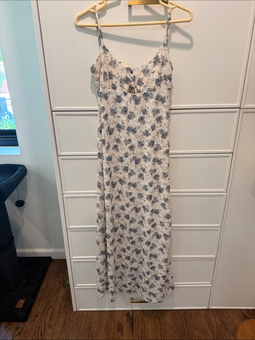 Floral Spaghetti-Strap Maxi Dress in Blue and White